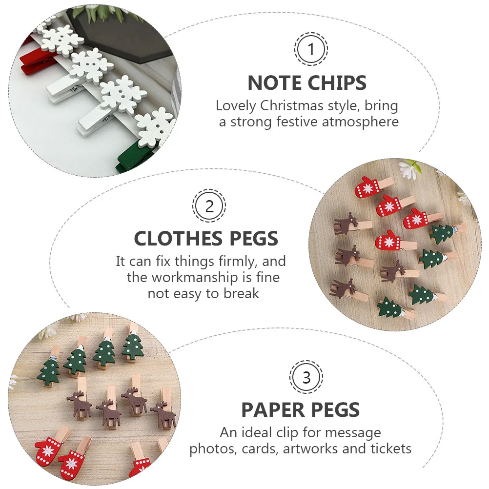 

60Pcs Lovely Christmas Wood Clips Clear Design Mini Photo Pegs for Holiday Decorations School Birthday Craft Gift Ideas