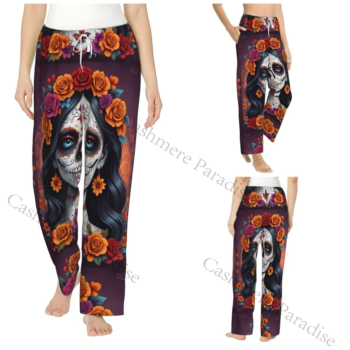 

Woman With Skull Flowers Warm Women Pajama Pants Flannel Sleep Bottoms Soft Fleece Loungewear