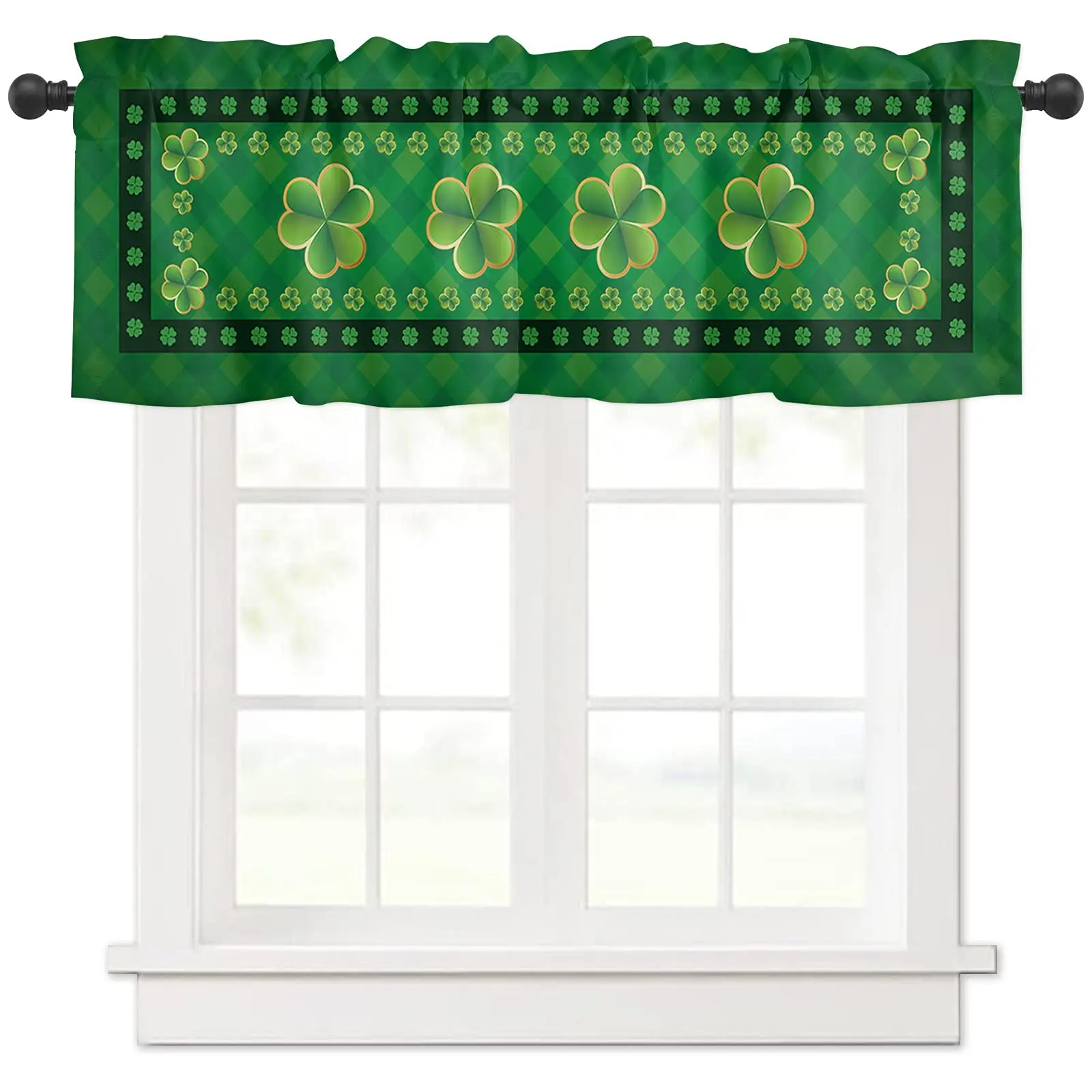 

St. Patrick's Day Curtain Valance Kitchen/Farmhouse, Retro Celtic Knots Lucky Clover Shamrock Short Curtain Window Treatment