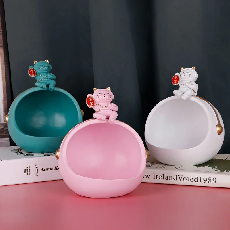 Nordic Modern Resin Crafts Ornaments Simple Rich Cat Storage Home Desk Ornaments Fortune Cat Tray Figurines Candy Container Gift