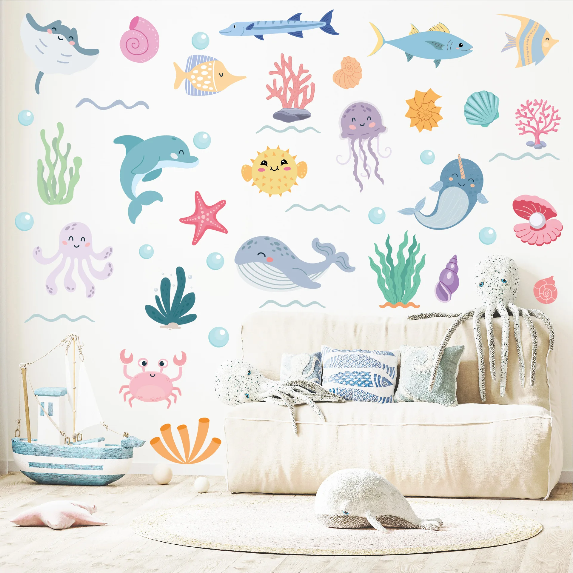 Cartoon Marine Life Wall Stickers for Kids Room Bathroom Wall Tile Decals Octopus Sea Turtle Fish Wall Posters Home Decoration