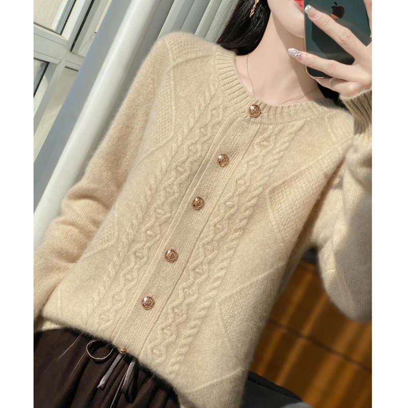 2024 Thickening In Autumn And Winter Female Style Knitted Cardigan 100% Merino Wool New Sweater Long Sleeve Comfortable Tops