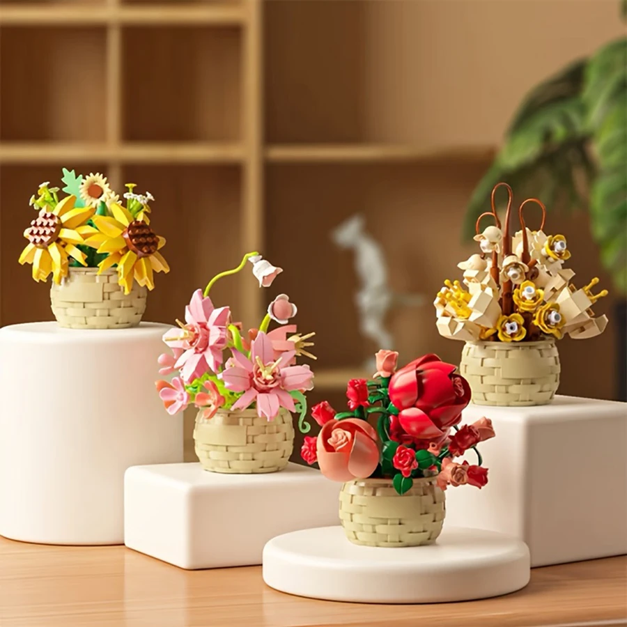 Beautiful potted flower building blocks - ABS resin bonsai. Cute little potted flowers and beautiful desktop decorations.