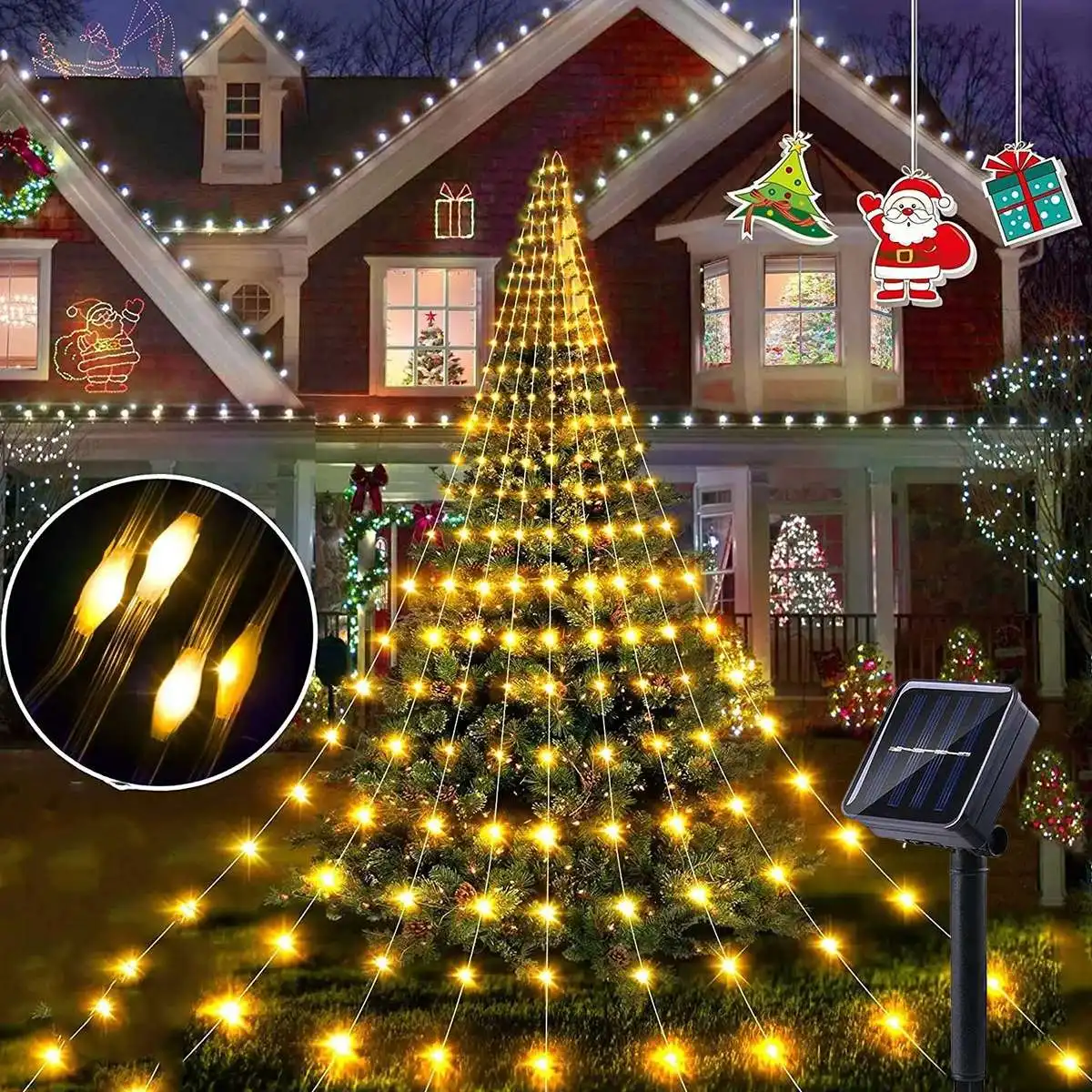 1pc 9 Strip 2M/6.56ft 180 LED Solar Ponytail Light Suitable For Christmas Garden Indoor Outdoor Window Wedding Party Decoration