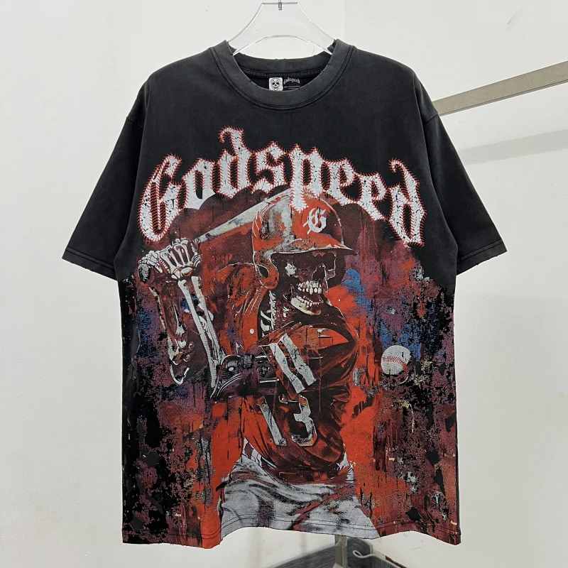 

Godspeed American Trendy Brand Summer Waed Vintage Ripped Printed Skull Baseball Men's ort Sve T-irt Cotton Youth Fa...