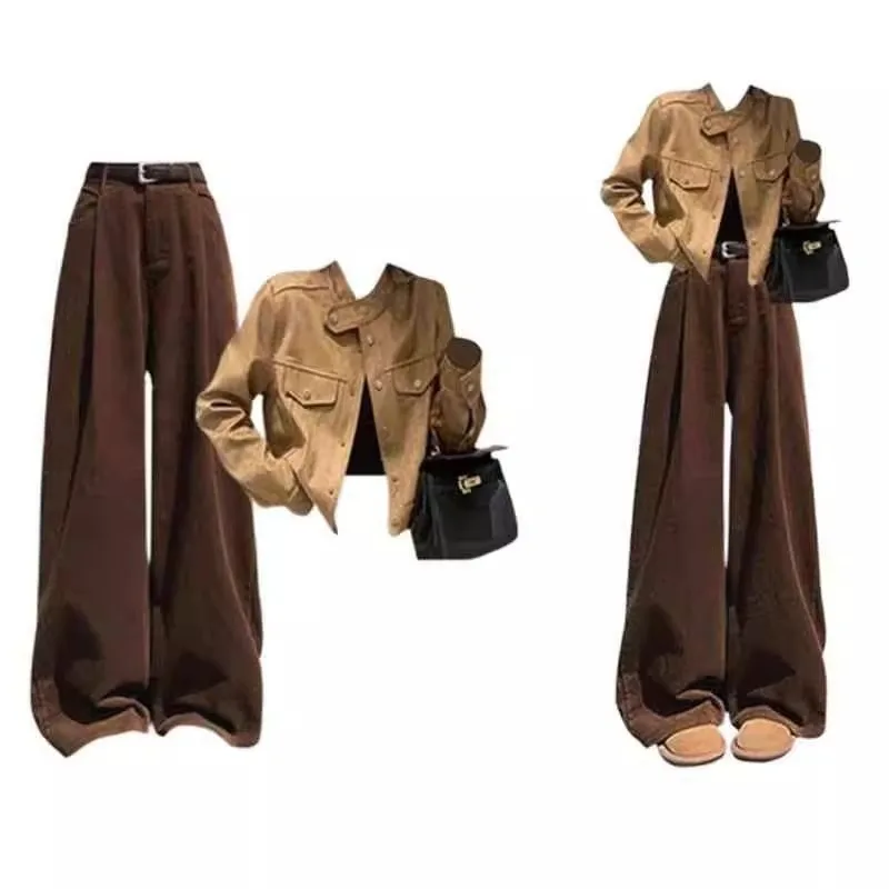 Lente Herfst Veelzijdige Jeugdige Vrouwen Nieuwe Trendy Stijlvolle Lange mouwen High-end Jas Hoge taille Wijde pijpen Broek Tweedelige set