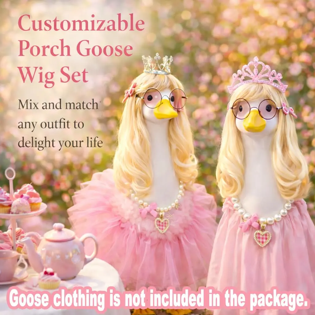 Cute Sweet Goose Statue Accessory Kit, Blonde Wig with Heart Pearl Necklace And Sunglasses And Hair Clips, for 23' Lawn Goose, Yard Art Decoration view 6