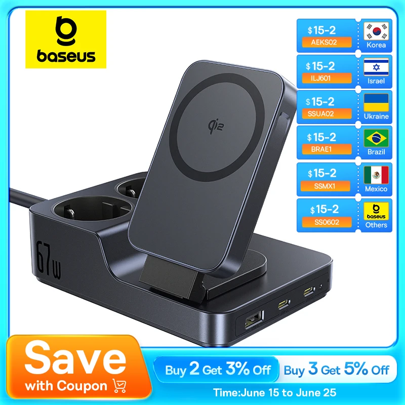 Baseus 67W 6 in 1 Fast Charger Power Strip Qi2 15W Magnetic Charging 2 AC Socket For Laptop Tablet  iPhone Samsung Xiaomi