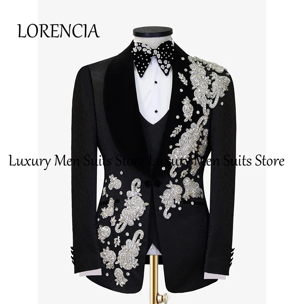 

Sparkly Crystal Suits for Male 3 Pieces Single Breasted Applique Tuxedos Wedding Groom Customized Blazer Pants Vest ropa hombre