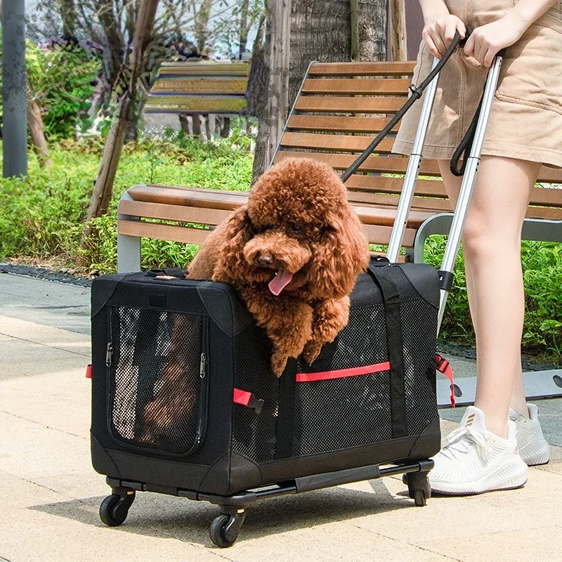 

Cat and Dog Universal Carrier for Dogs Convenient Pull Rod Dog Cage Breathable Mesh Cloth Dog Basket Silent Pulley Pet Trolley