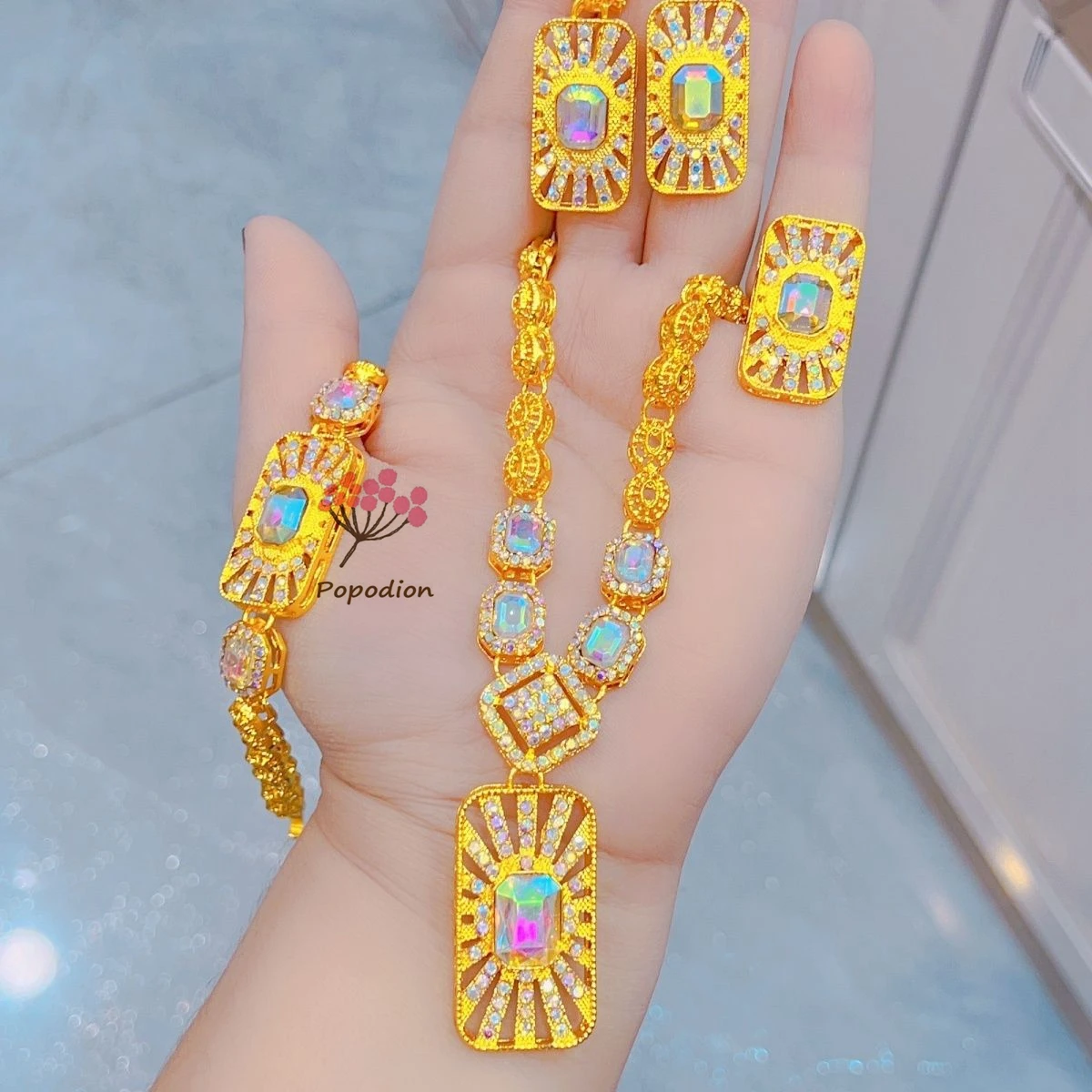 

New Dubai 24K Gold Plated Ring Necklace Earrings Bracelet Romantic Wedding Gift Party Jewelry Set for Women DD10566