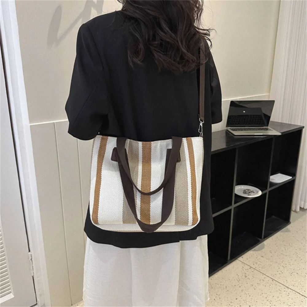 Fashion Striped Women Shoulder Bag Korean Style Canvas Sling Bags Square Crossbody Handbag Large Capacity Shopper Totes