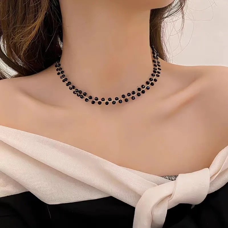 Retro Black Crystal Beads Necklace Exquisite Sexy Girl Choker Collar for Women Party Dress Accessories New Arrival Body Chain