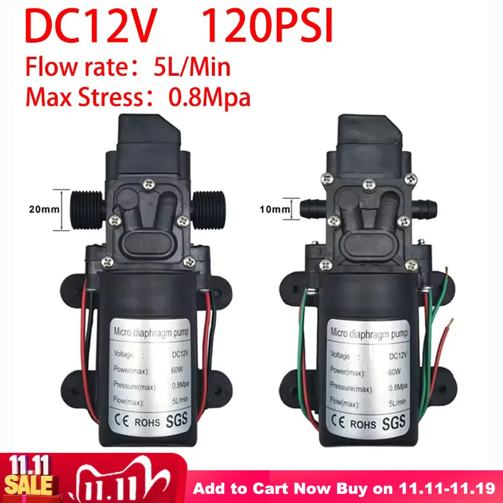 

Dc 12V High Pressure Diaphragm Pump 120PSI 60W 5L/Min Mini Electric Self-priming Pump Water Washing Machine Pesticide Spraying