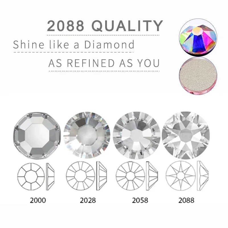 2088 슈퍼 스파클 플랫백 스와로브스키 DIY 네일, 라인석 아트 장식, 매니큐어 3D 크리스탈 스톤 보석, 드레스 및 신발, SS20
