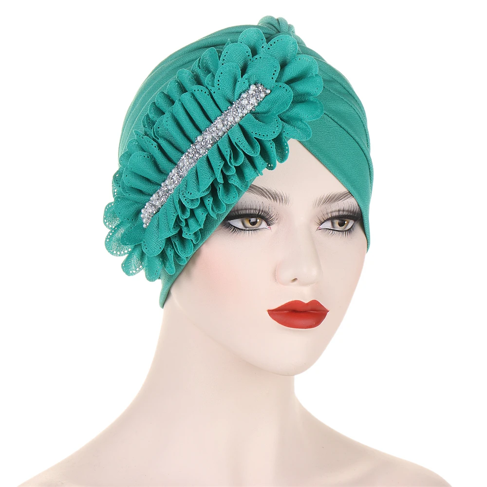 Turbante muçulmano com babados e diamante para mulheres, hijab interno islâmico, tampas de quimioterapia, envoltório árabe, lenço de cabeça feminino, gorro de flores, 2023