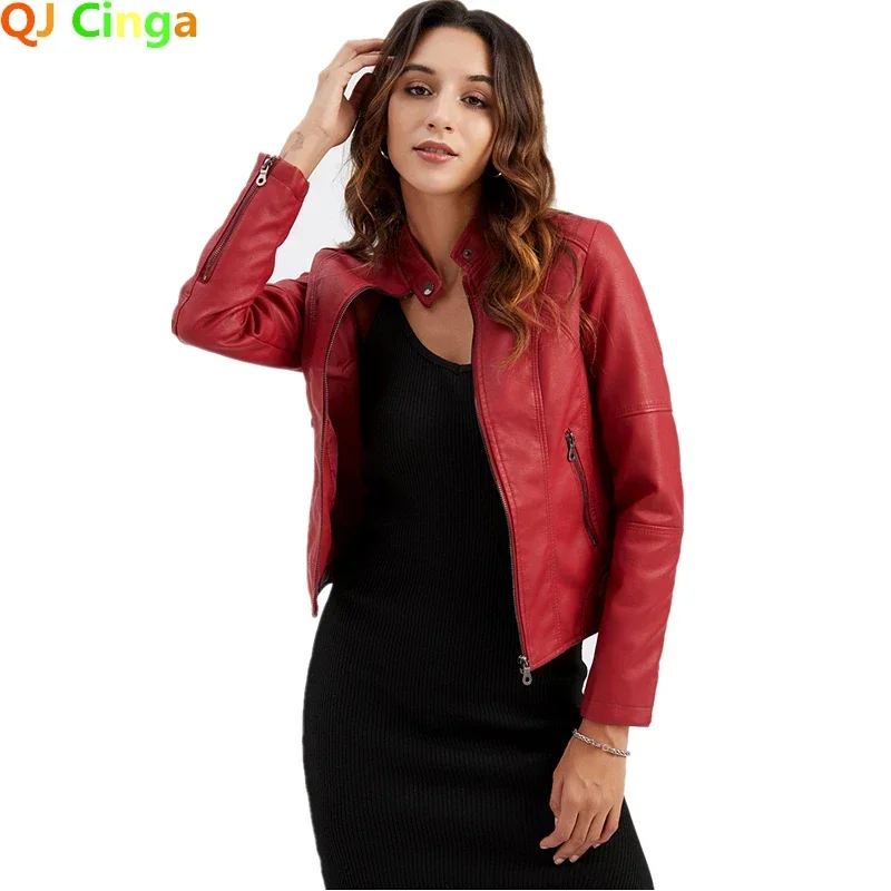 Nueva chaqueta de cuero para mujer, abrigo de PU para motocicleta con ribete a la moda, Tops negros, morados y marrones, Menteau femenino
