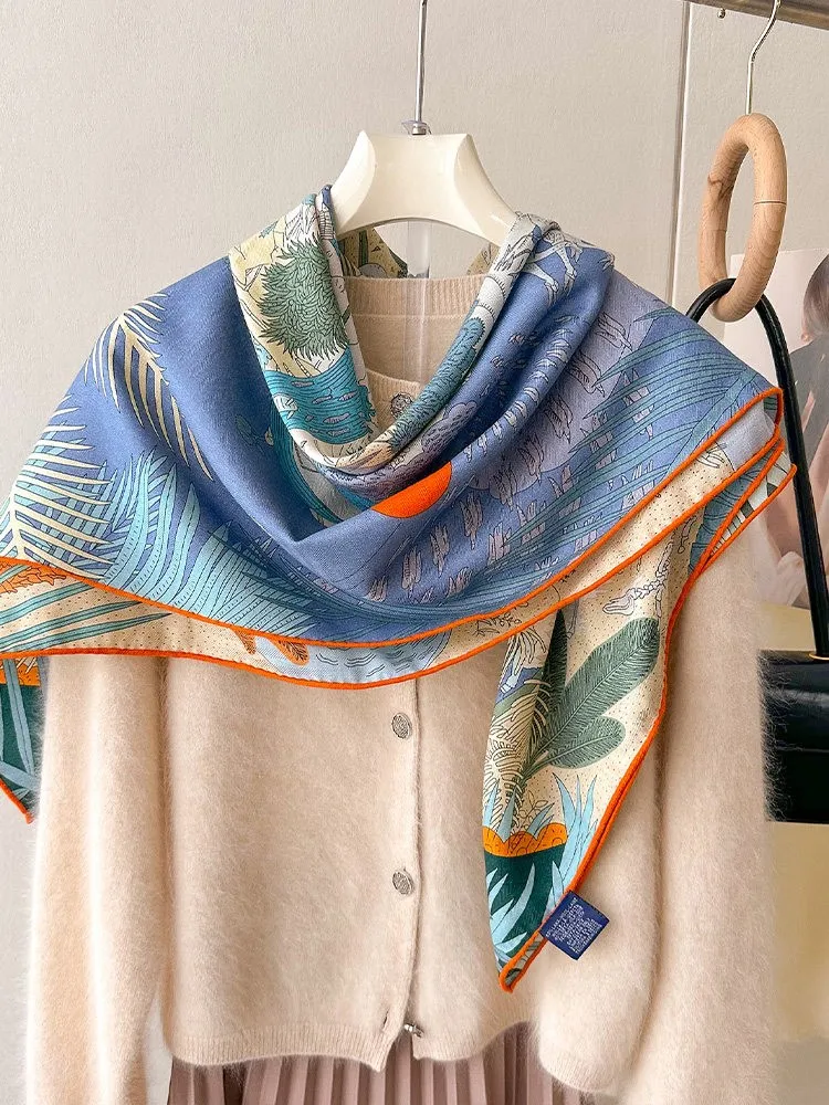 Blue silk and fur scarf for women summer air-conditioned room large square shawl outerwear