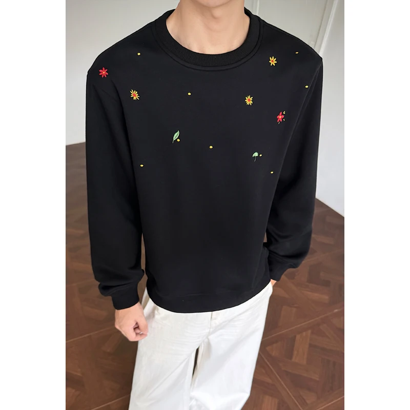 Men's Crew Neck Sweatshirt with Delicate Floral and Mushroom Embroidery Relaxed Fit with A Soft Crew Neck Everyday Street Style