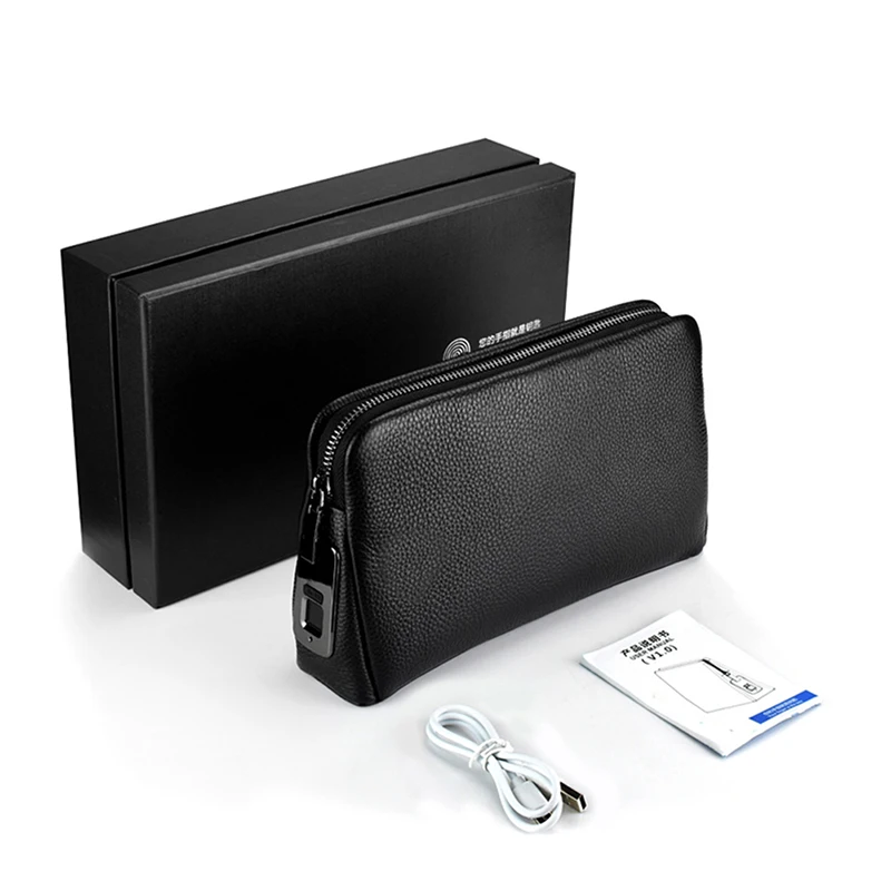 Men's Leather Hand Bag with Fingerprint Lock Anti-Theft Long Wallet Mobile Phone Pouch Messenger Bag for Male
