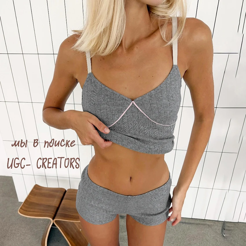 

HiLoc сексуальный серый укороченный топ, жилет, костюмы, пижамы, домашние майки на бретельках с высокой талией, шорты из 2 предметов, повседневная одежда для женщин, 2025 г.