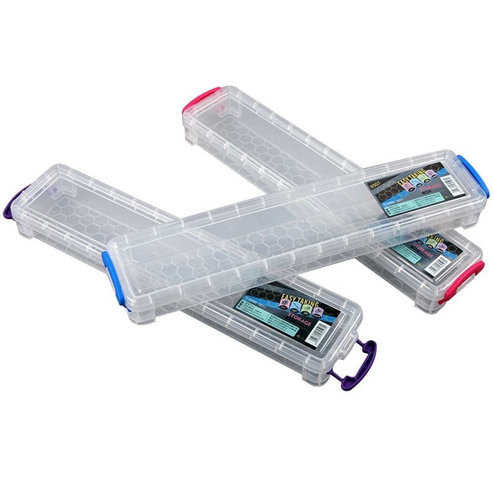 

Clear Transparent Plastic Pencil Case Box Stationery Storage Stackable Handle With Lid Random Color Small Storage