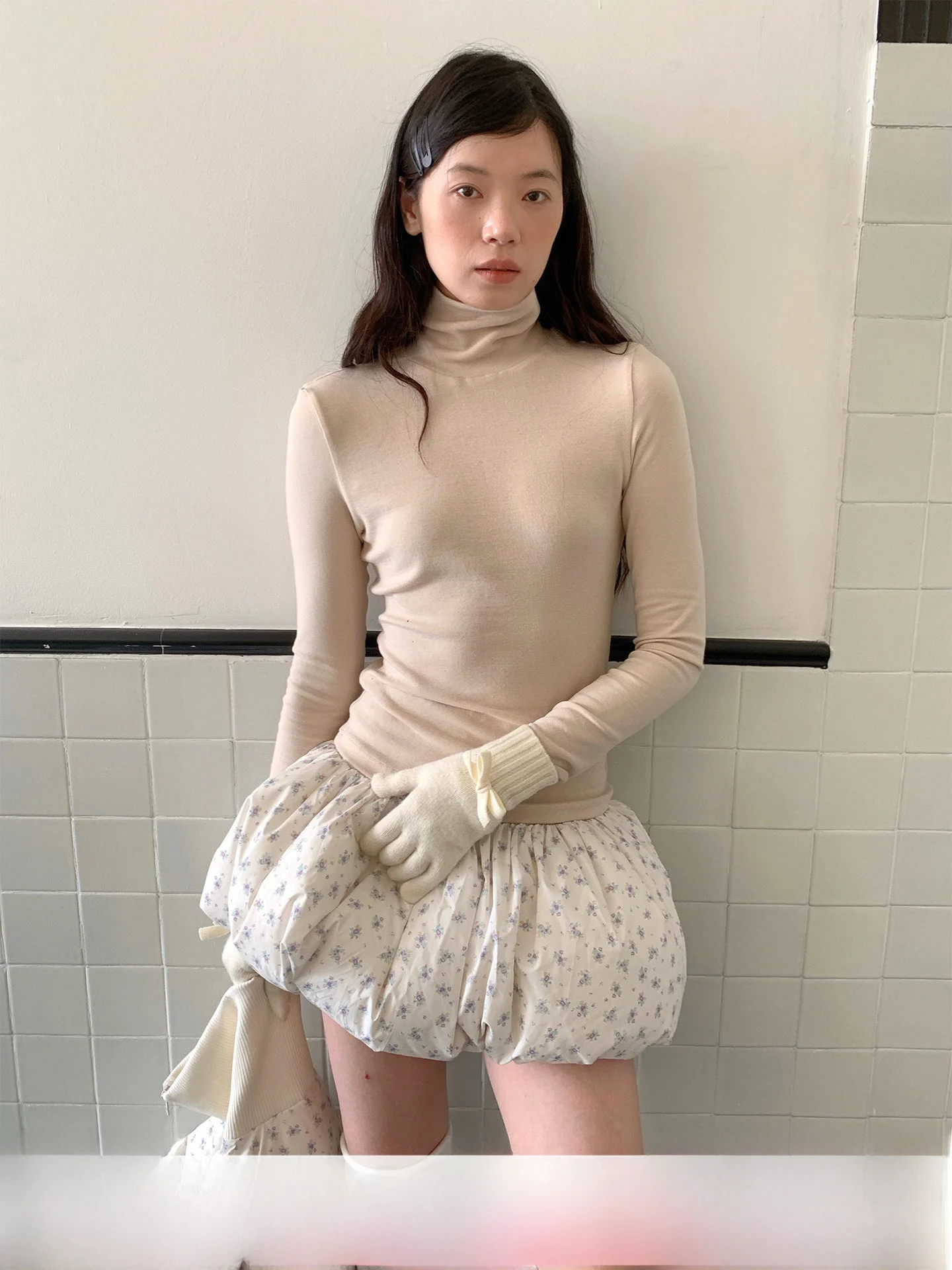 

SOOMIE Бежевая женская вязаная базовая кофта с высоким воротником и длинными рукавами, осенне-зимняя, простая, эластичная, базовая модель