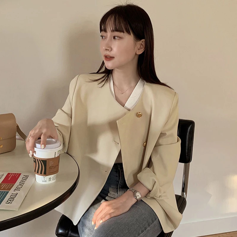 

Chic Spring Soft Cr Yellow round Ne Metal Single Button Loose Casual Long Sve Suit ort Jaet Women's Faion