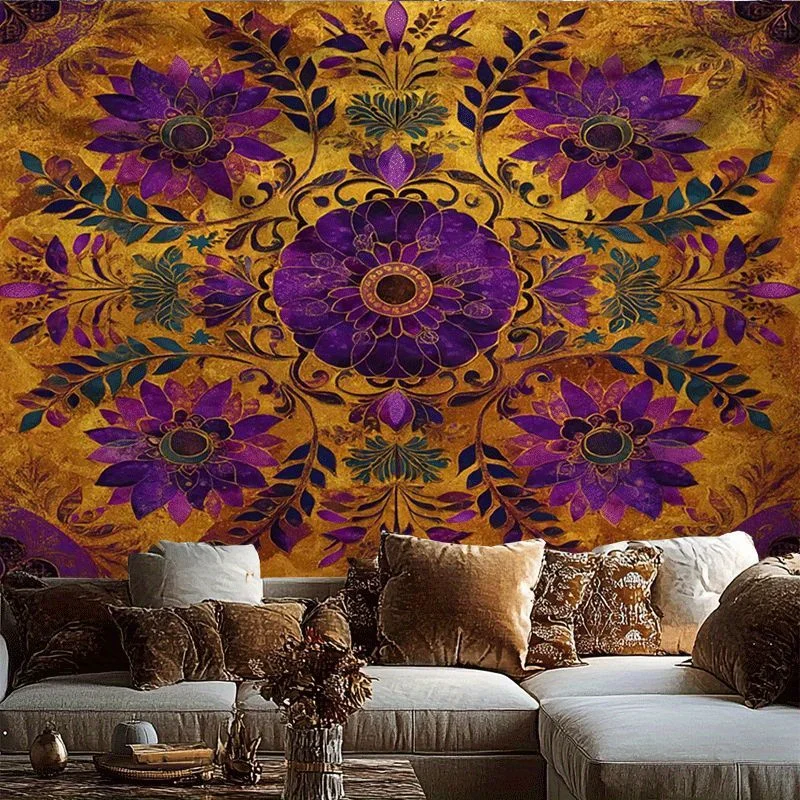 Rich Gold Purple Boho Tapestry Wall Hanging Floral Mandala Art Bohemian Moroccan Ethnic Luxury Living Room Decor Textile Accent