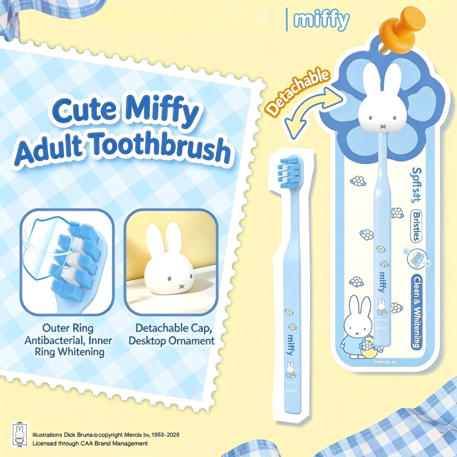 Miffy Bunny Adult Toothbrush Cute Cartoon Soft Bristle Toothbrush with Detachable Cap Ergonomic Handle Deep Cleaning Oral Care