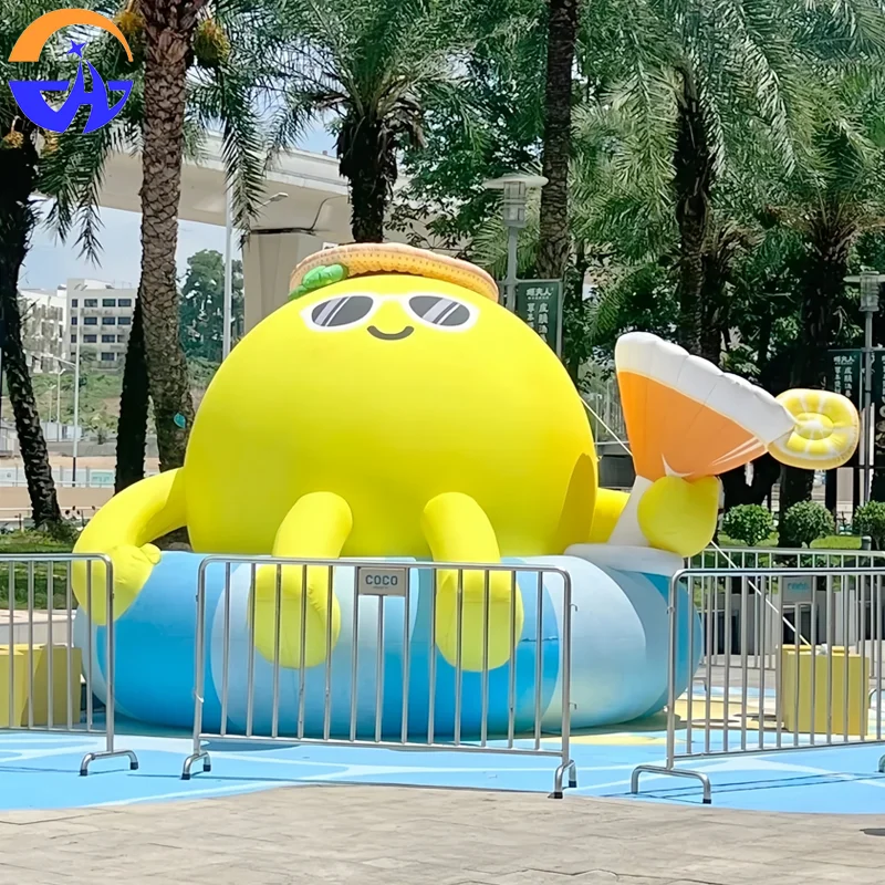 Inflatable cartoon lemon figure air model with a swimming ring and holding juice, for outdoor decoration of shopping malls