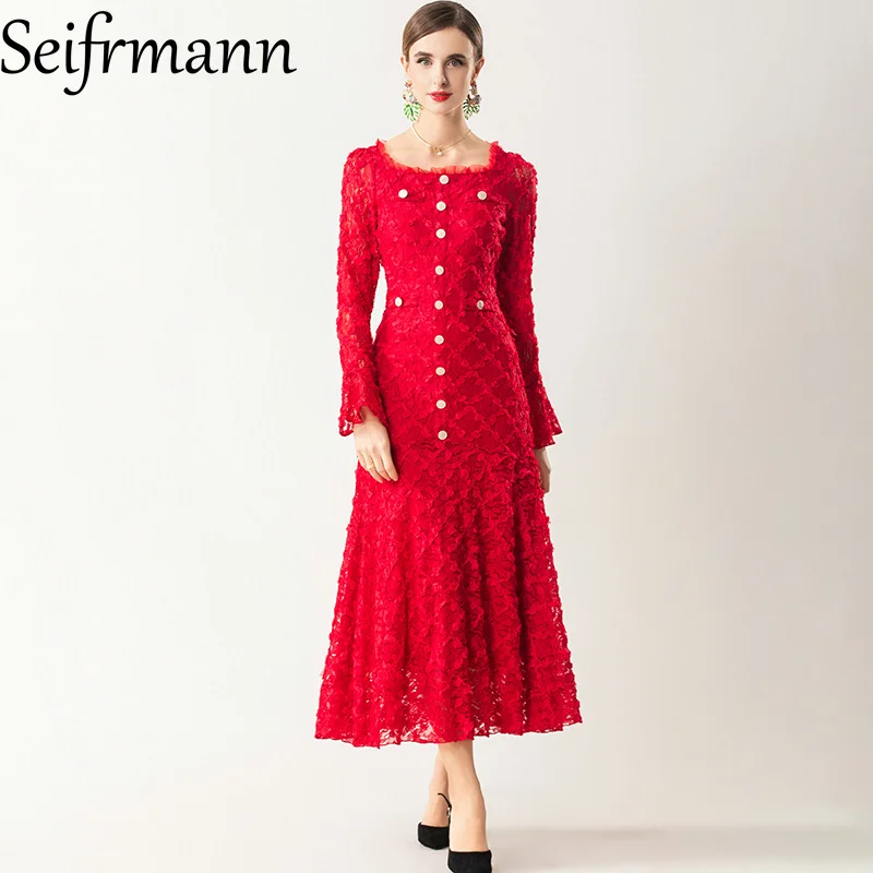 

Seifrmann 2026, весеннее женское новое модное однобортное длинное платье с квадратным воротником и длинными рукавами