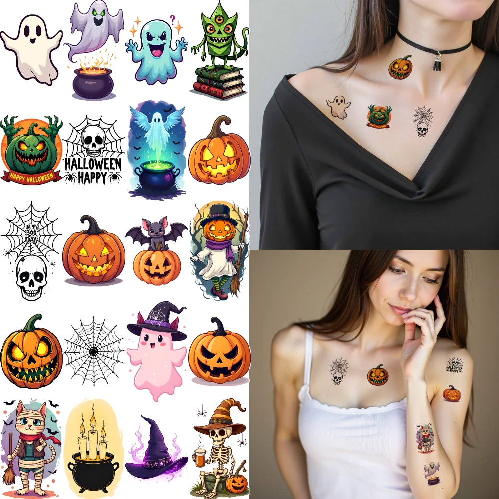54pcs Temporary Tattoo Ghost Cartoon Witch Spider Waterproof Long-lasting Body Stickers Eyeball For Shoulders Men