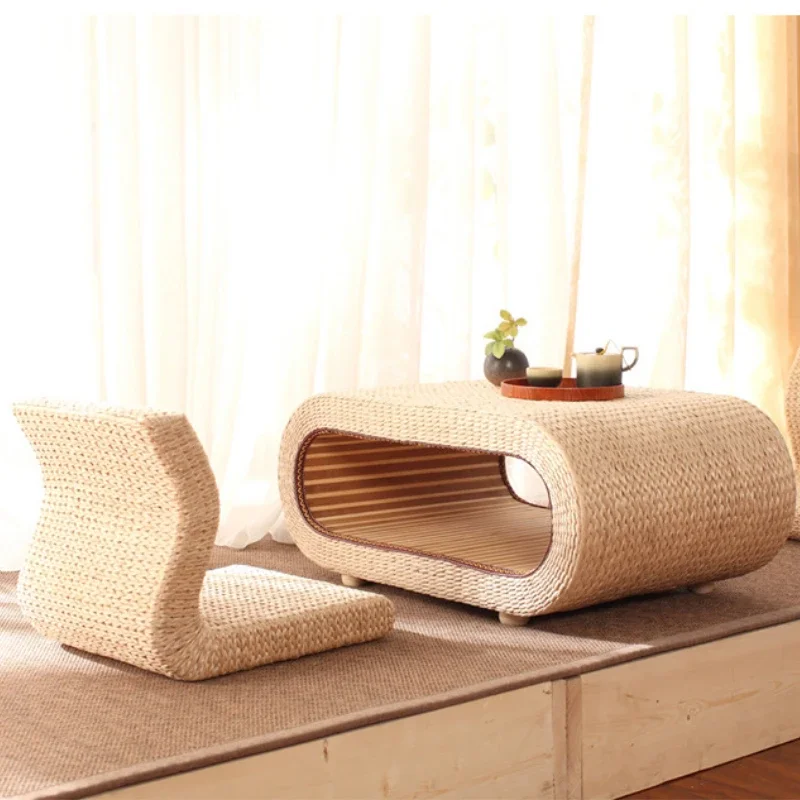 

Japanese Living Room Coffee Desk Handmade Grass Weaving Tea Table Bay Window Balcony Rectangular Rattan Straw Low Kang Tables