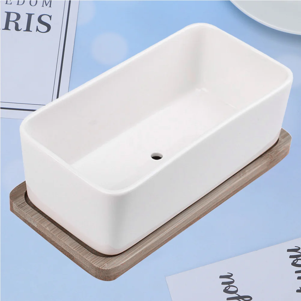 Artificial Plants Rectangular Planter Ceramic Bamboo Tray Succulent Garden Bonsai Pot Planters with Flower