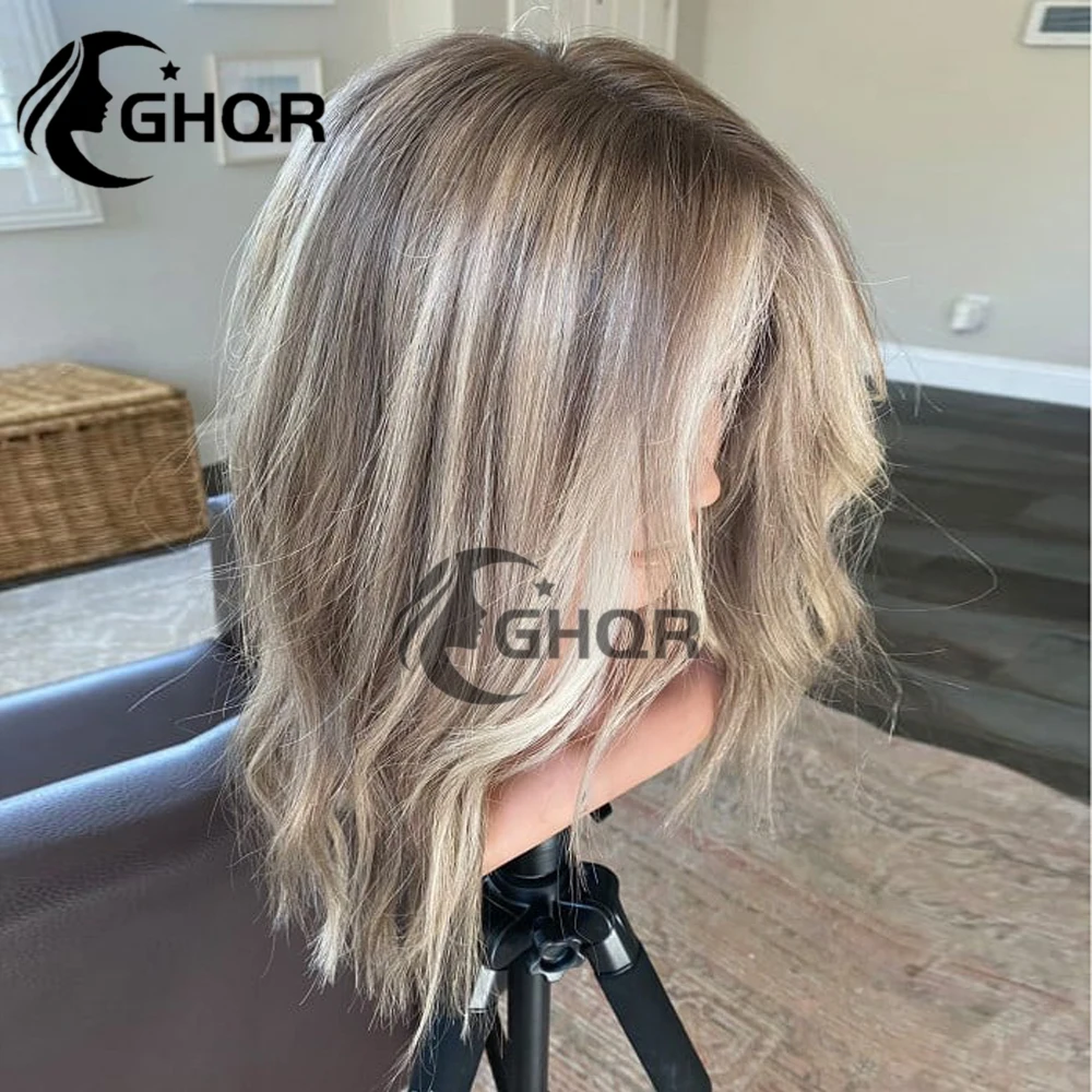 Highlight Human Hair Wigs Ash Blonde Mix Brown Full Lace 360 Frontal Wig Natural Wave Transparent Swiss Lace Colored Brazilian