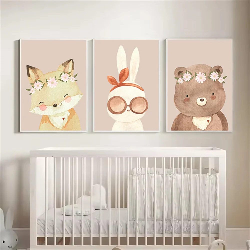 

Cute Fox Rabbit Art Poster Baby Animal Canvas Print Bear Wall Art Painting Nursery Prints Nordic Wall Pictures Kids Room Decor