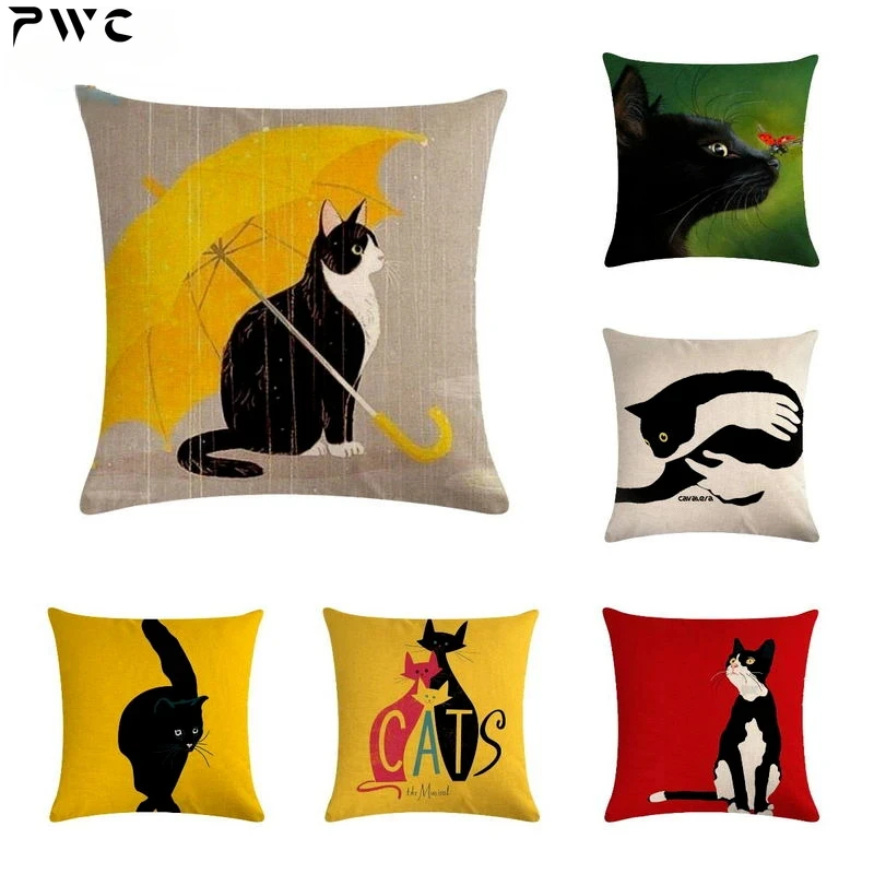 

Cute Naughty Cat Linen Cushion Cover Lovely Kitty Print Pillow case Kids Room Decorative Sofa Chair Throw Pillow Cover 45x45cm