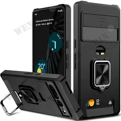 Case For Google Pixel 9 ProXL 8A 8 Pro 67A 5A Sliding Camera Cover and Card Holder Heavy Duty Protective Magnetic Kickstand Ring