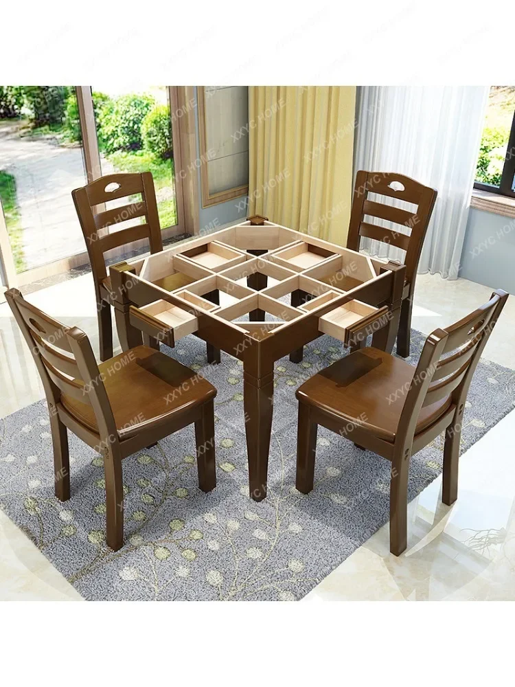 Solid Wood Mahjong Table Dining Table Dual-Use Modern Simple Folding Household Simple Manual Table and Chair Combination