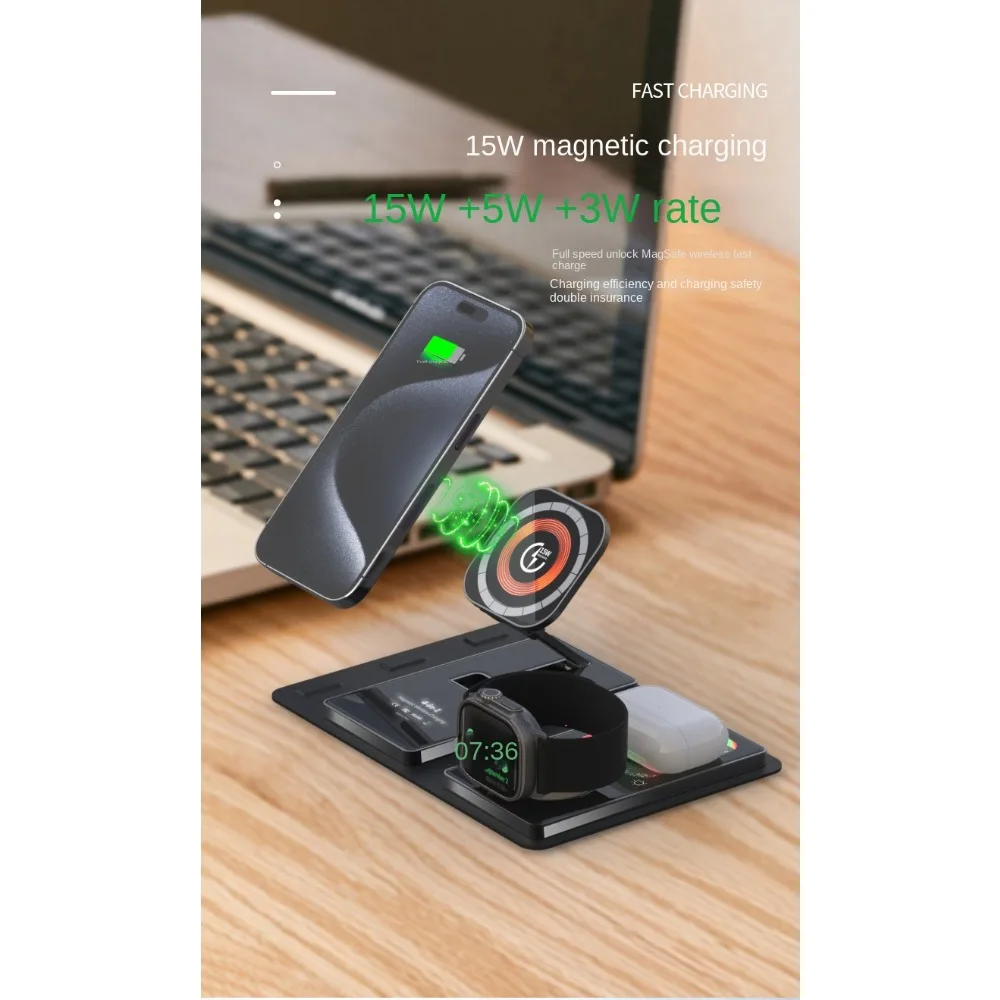 Multi-function folding portable LED wireless charger for Apple 15 4-in-1 transparent magnetic stand