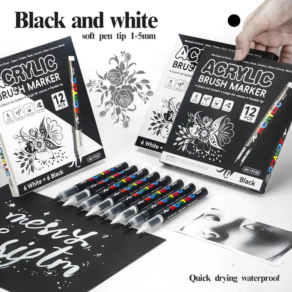 Acrylic Paint Pens, Automatic Ink Control System, Soft Brush Tip Markers, Black and White Paint Markers, Suitable for Canvas, Rocks, Wood, and Stone