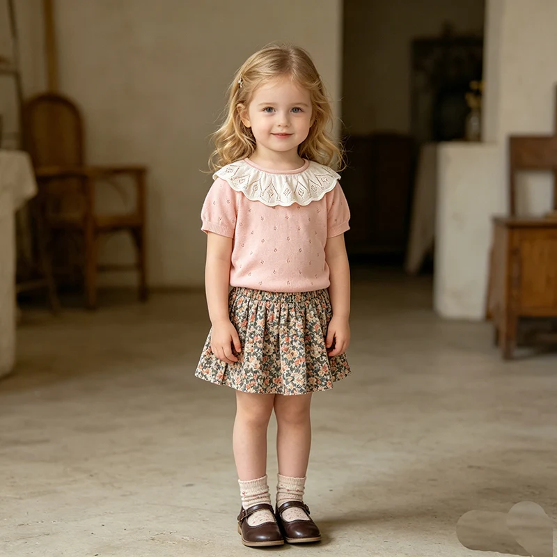 2026 New Summer Korean Style 2-7Yrs Baby Girls Short Sleeved Thin Knitted Sweaters Kids Thin Knitted Hollow Pullover Tops