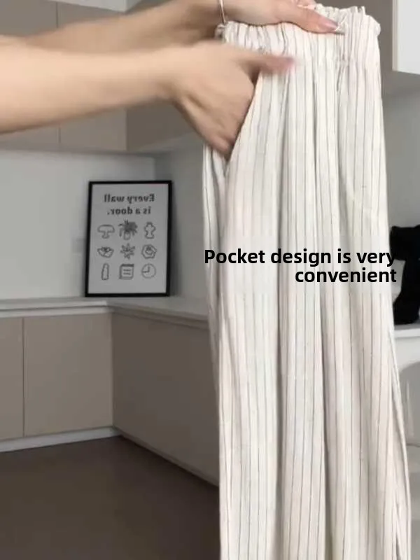 Extra Large 300 Pounds Cotton Linen Lazy Drape Casual Pants Women Summer Loose Thin Stripe Linen Wide Leg Long Pants