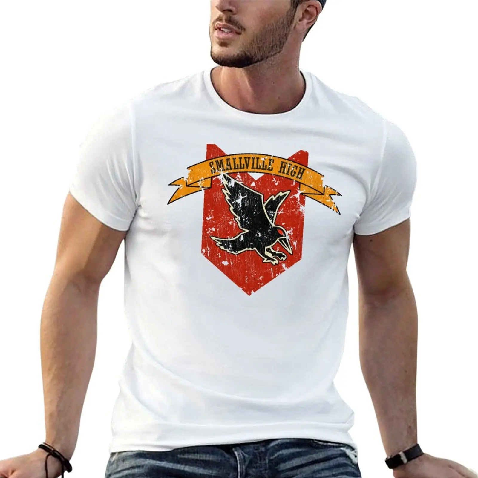 Camiseta Smallville High School Crest, camisetas masculinas de algodão macio, camisetas masculinas de algodão com estampa gráfica engraçada