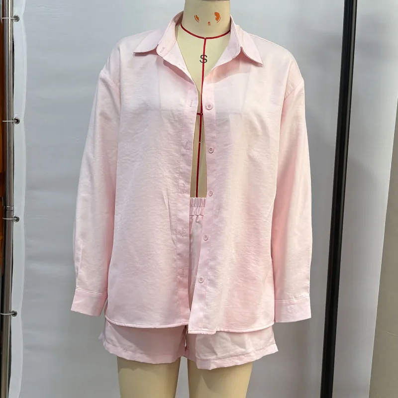 Fashion Long Sleeve Solid Shorts Set for Women Elegant Turn Down Collar Elastic Waist Women Shorts Set Two Piece Set Women Q694