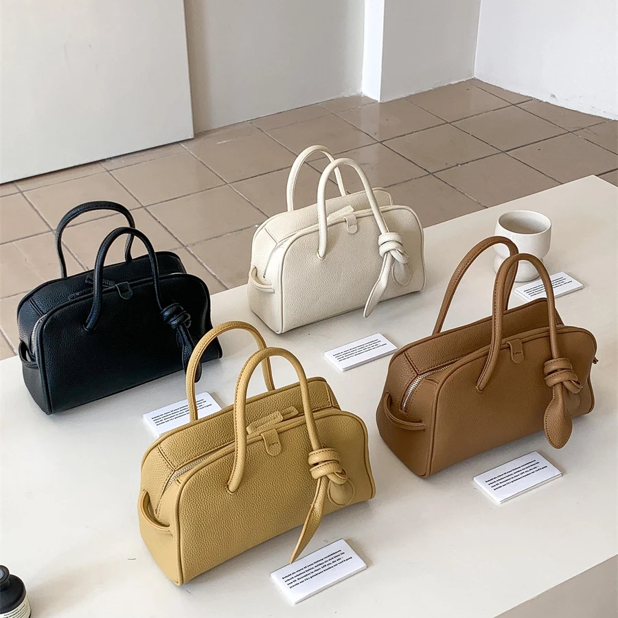 

Personality Pu Handbags Solid Color Twist Handle Decor Txture Boston Bag Large Capacity Female Versatile Daily Handle Packs