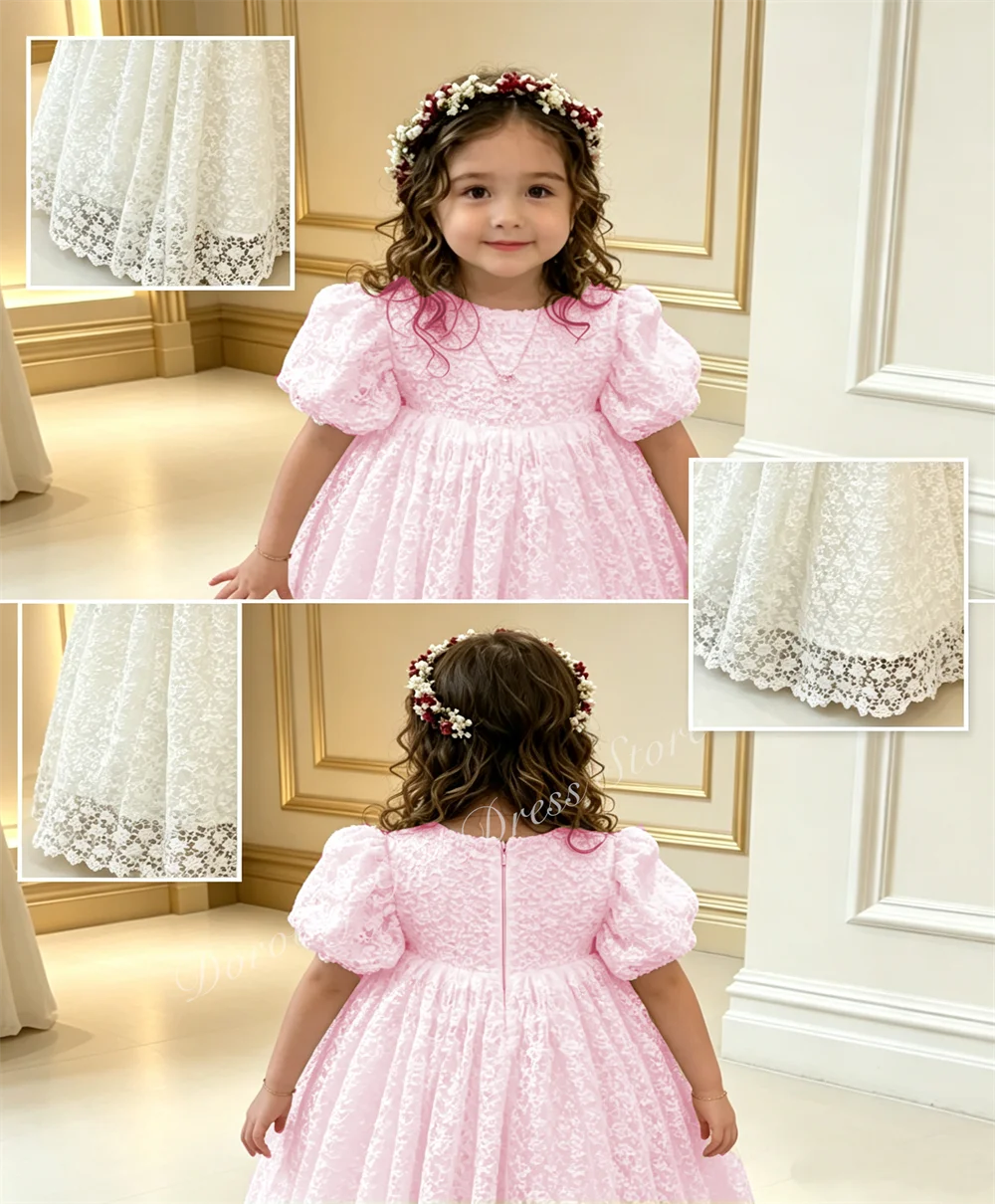 Customized Bridesmaid Thick Delicate Hollow Lace Flower Girl Dress for Wedding Puffed Sleeves Kids Birthday Party Gown