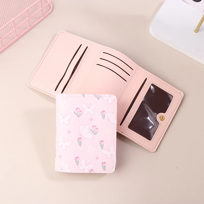 Bow Sweet Pink Color Floral Folding Wallets Women Purse Card Holder For Girl Portable Travel Cash Coin Photo Card Bag