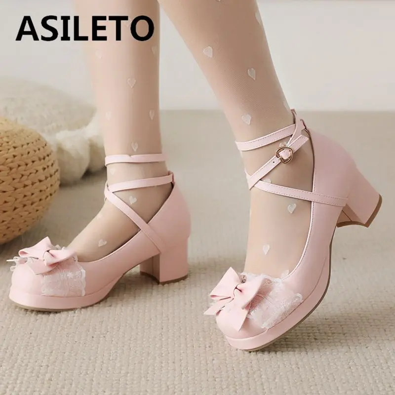 ASILETO Lolita Style Girls Pumps 28 29 Round Toe Chunky Heels 5cm Platform shoes Buckle Strap Big Size 47 48 Sweet Shoes